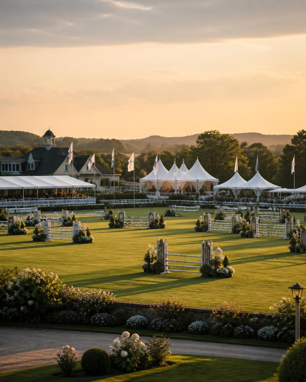 Distant view of a manicured international equestrian showground at golden hour, with white hospitality marquees and neatly arranged show jumping arenas
